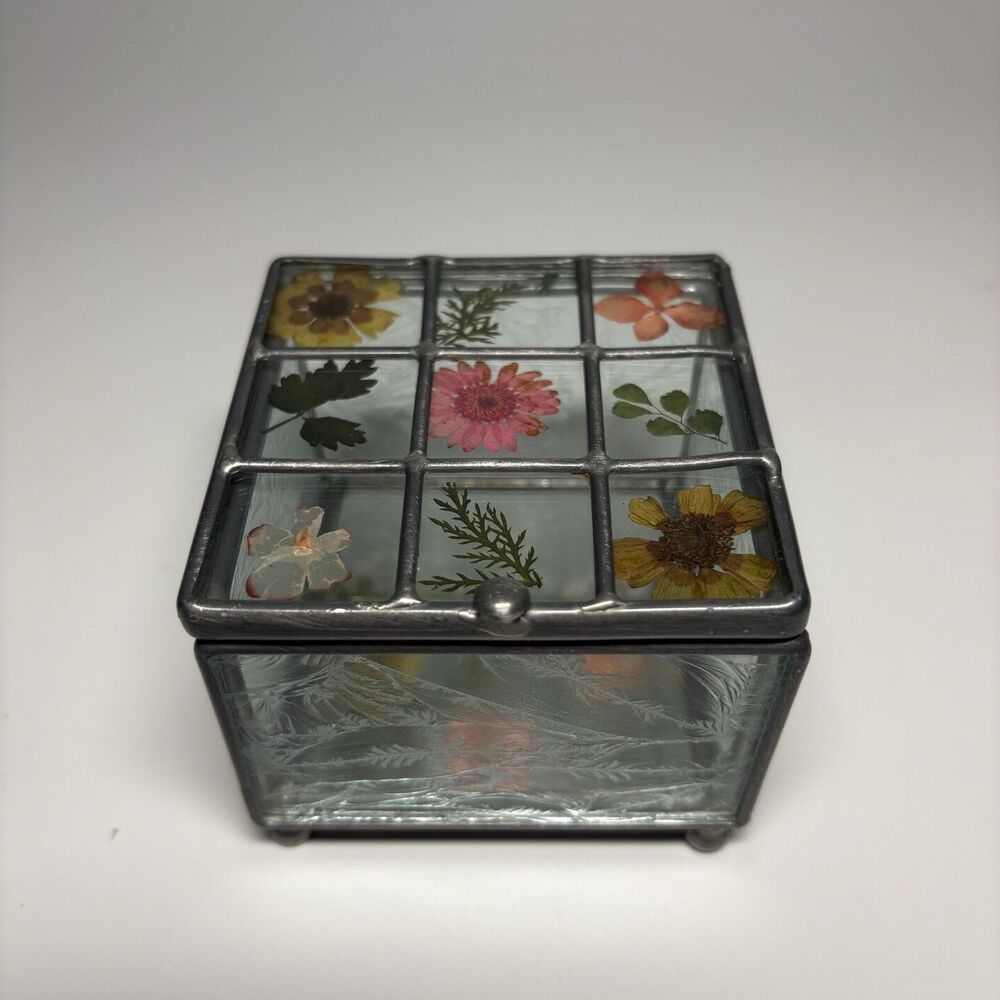 Vintage Glass Trinket Jewelry Box Hinged Pressed Flowers Mirror Base PAPYRUS